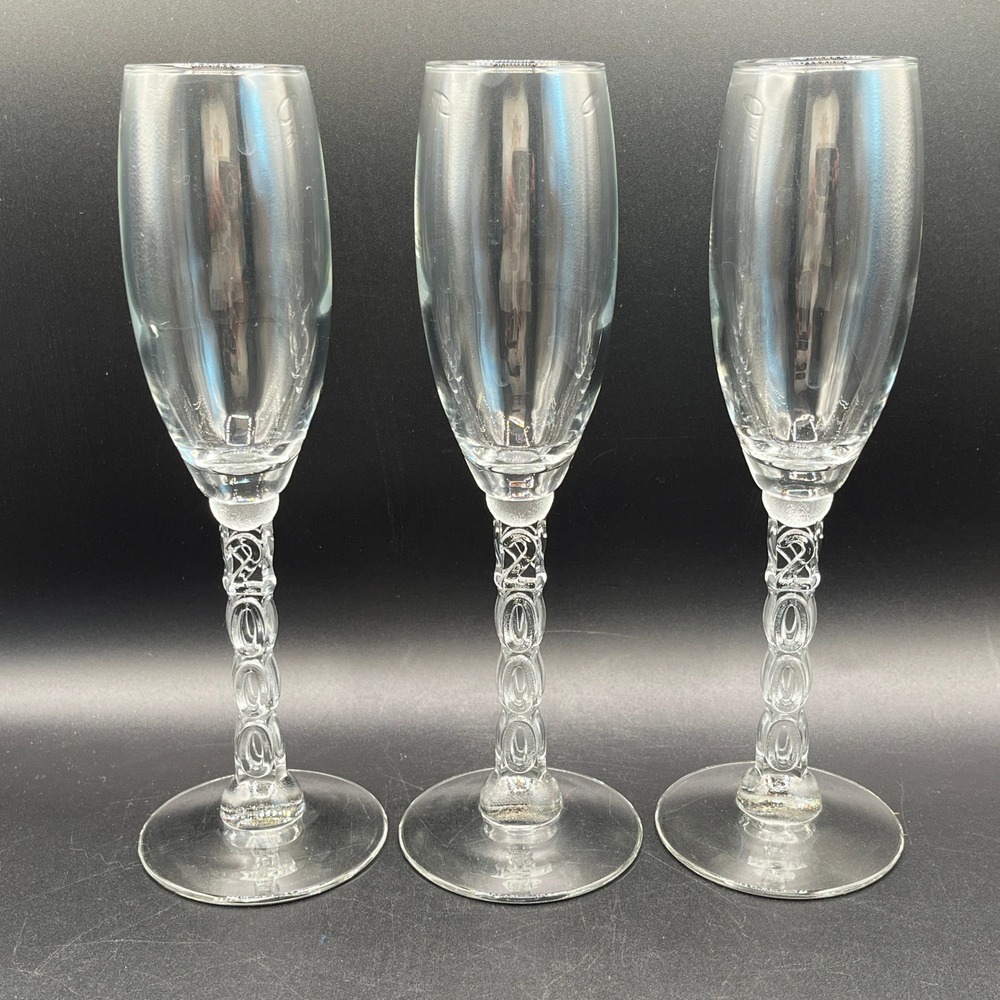 Vtg Y2K Year 2000 Millennium Champagne Flutes Set of 3 Clear Glass Stemware 8.5"